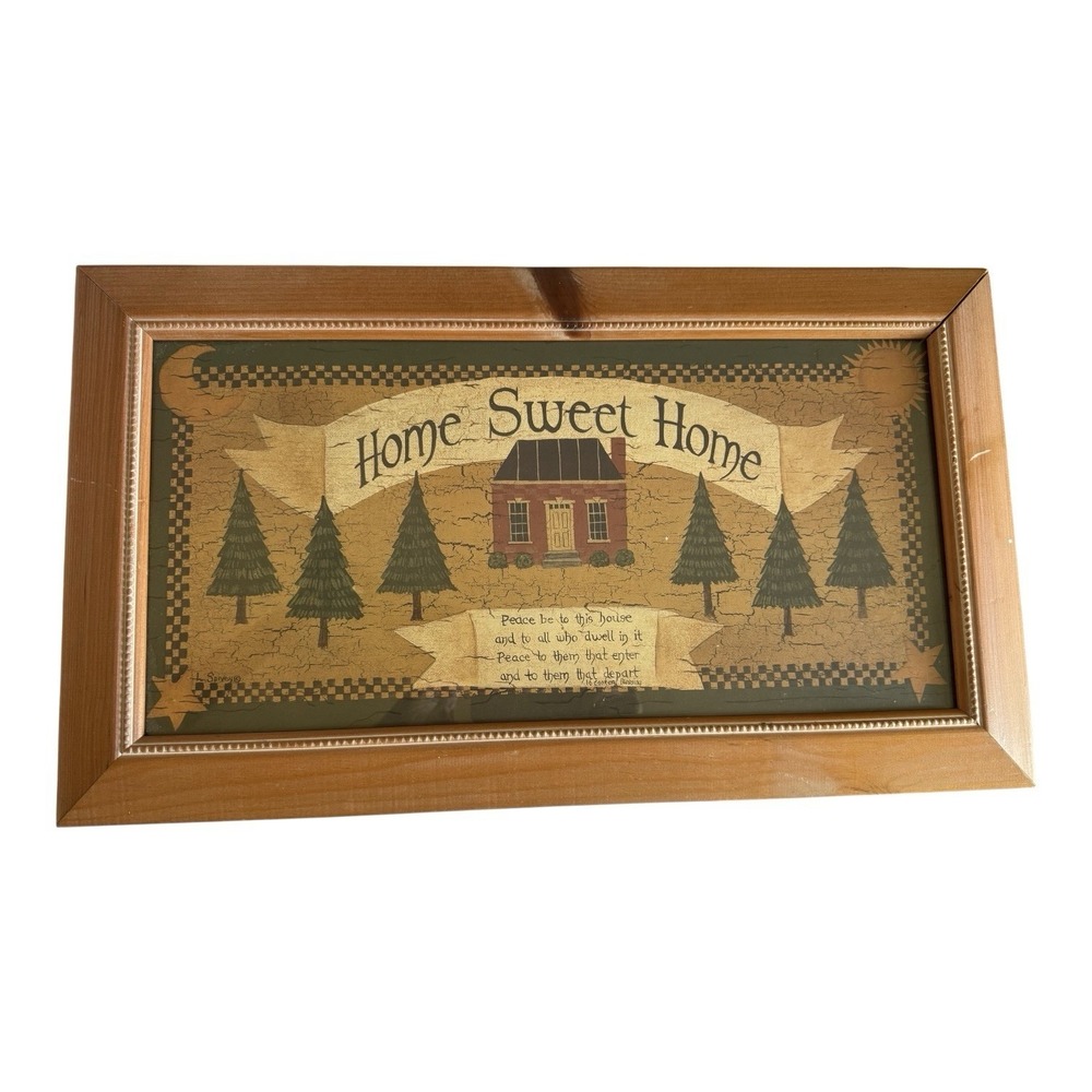 Vintage Linda Spivey Home Sweet Home Primitive Country Folk Art Framed Print 23"